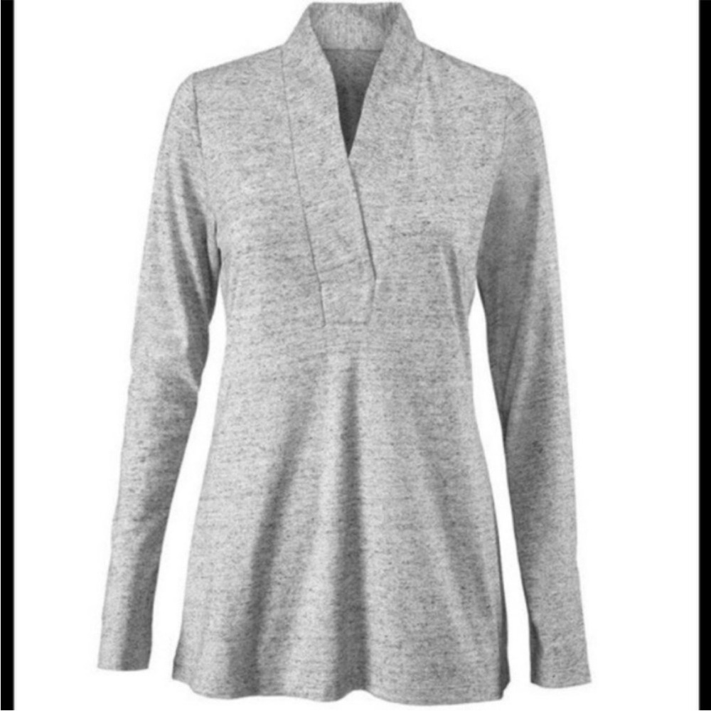 Cabi #3060 Gray Heathered V-Neck Placket Tee Top XL Long Sleeve
